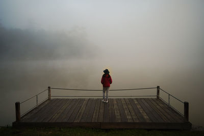 Rear view of woman standing on railing against sky