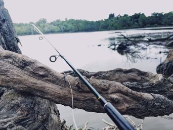 Close-up of fishing rod by river