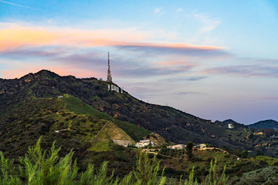 Scenic view of tree and mountains against sky at sunset