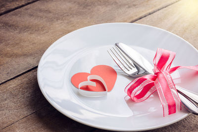 High angle view of cake in plate on table