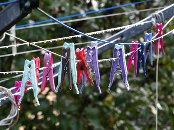 Close-up of multi colored clothespins hanging on wet clothesline