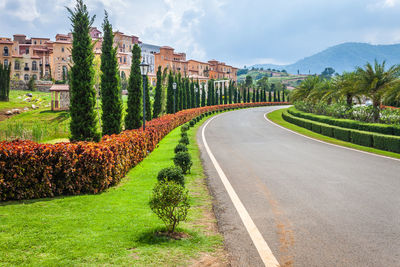 Road amidst plants and trees against sky in city