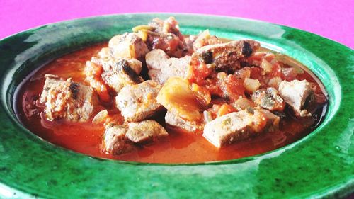 High angle view of soup in bowl