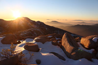 Scenic view of mountains against sky during sunset