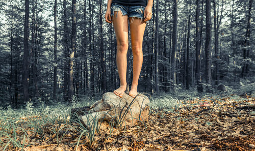 Low section of woman walking on tree trunk in forest
