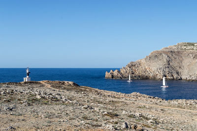 Scenic view of sea against clear blue sky