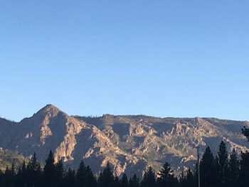 Panoramic view of mountains against clear blue sky