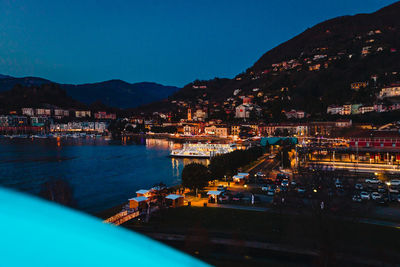 Aerial view of laveno on lake maggiore at night, blue hour