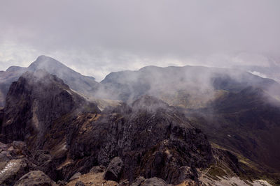 Panoramic view of volcanic mountain range against sky