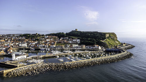 Drone shot of scarborough south harbor 
