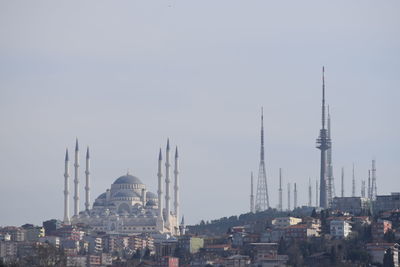 Panoramic view of buildings in city against clear sky