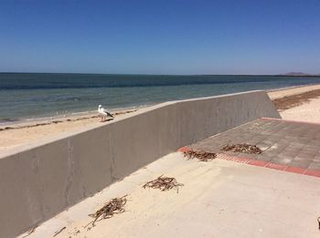 Scenic view of beach against clear blue sky