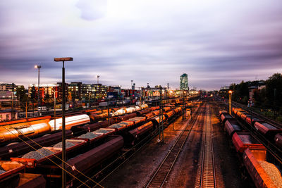 High angle view of railroad tracks against sky during sunset