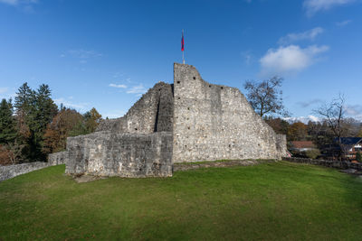 Built structure on field against sky