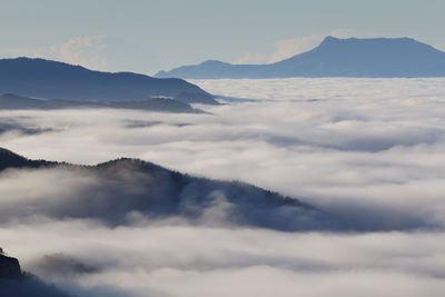 Scenic view of mountains against cloudy sky