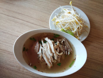 High angle view of meal served on table