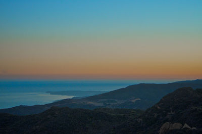 Scenic view of mountains against sky at sunset