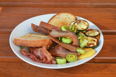 High angle view of meal served on table