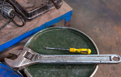 High angle view of machinery on table