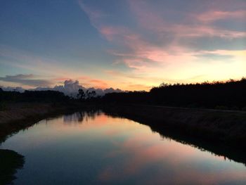 Reflection of clouds in lake at sunset