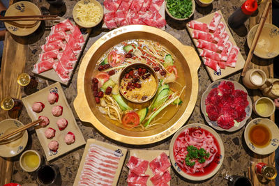 High angle view of meal served on table