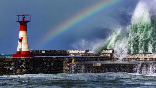 Scenic view of rainbow over sea against sky