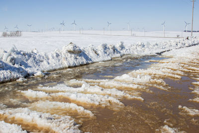 Scenic view of snow covered land against sky