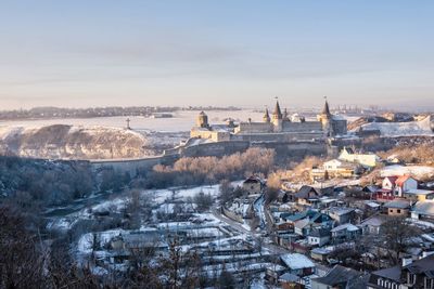 Panoramic view of the kamianets-podilskyi fortress in the early sunny winter morning