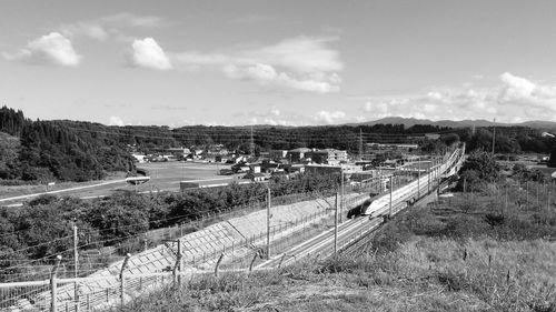 High angle view of high speed train amidst landscape