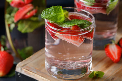 Close-up of fruits in glass on table