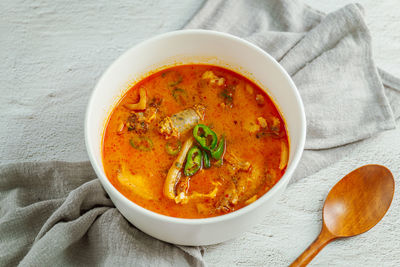 Directly above shot of soup in bowl on table