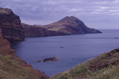 Scenic view of sea and mountains against sky