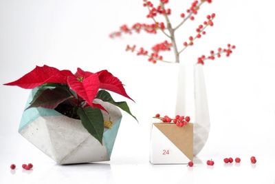 Close-up of christmas decorations over white background