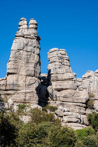 Low angle view of rock formation against clear blue sky