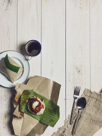 High angle view of breakfast served on table