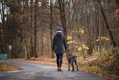 Rear view of man with dog walking in forest