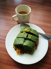 High angle view of breakfast served on table