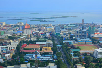 High angle view of buildings in city