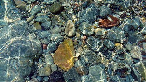 Full frame shot of pebbles in water