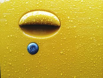 Close-up of wet yellow car door