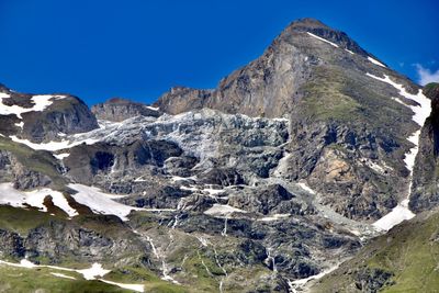 Scenic view of snowcapped mountains against clear blue sky