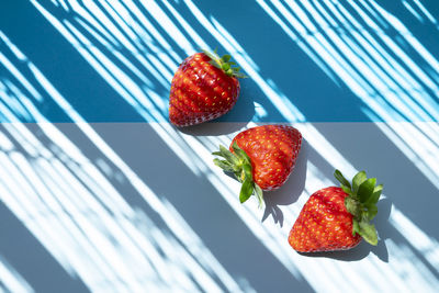 High angle view of strawberries in plate on table