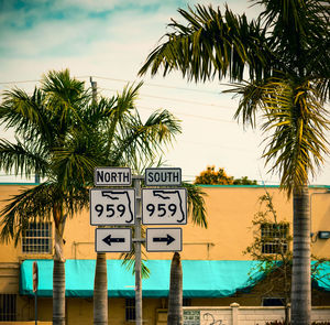 Information sign by palm trees against sky