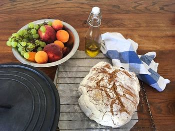 High angle view of fruits in basket on table