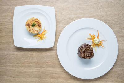 High angle view of food served on table