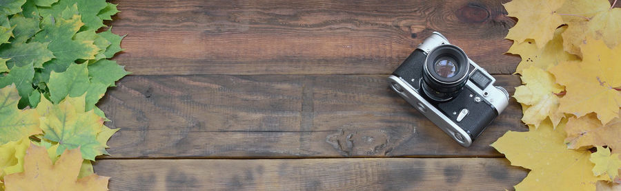 High angle view of old wooden table