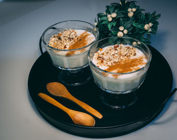 High angle view of dessert on table