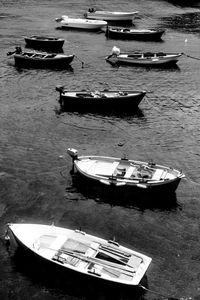 High angle view of boats moored in water