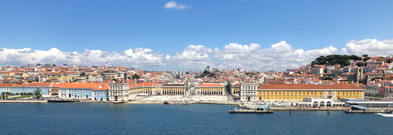 Panoramic view of buildings and river against sky