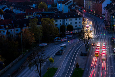High angle view of light trails on city street